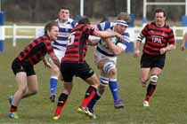 Tynedale's Sam Reynolds stopped by Blackheath's Mike Canty, National League Division 1, Tynedale Park, Corbridge, Northumberland.